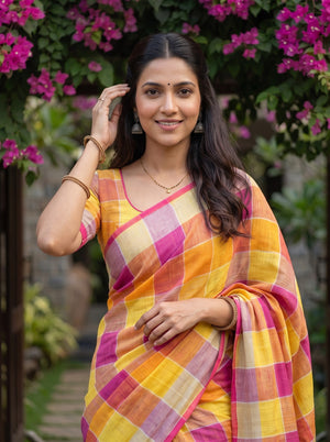 Linen Yellow Orange Pink Madras Kattam Tasseled Saree