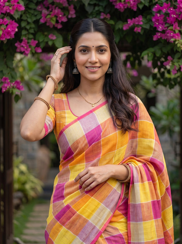 Linen Yellow Orange Pink Madras Kattam Tasseled Saree