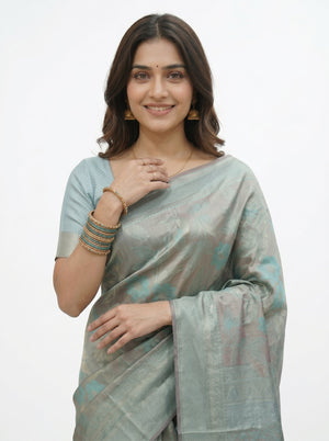 Semi Silk Sage Green Floral Woven Saree
