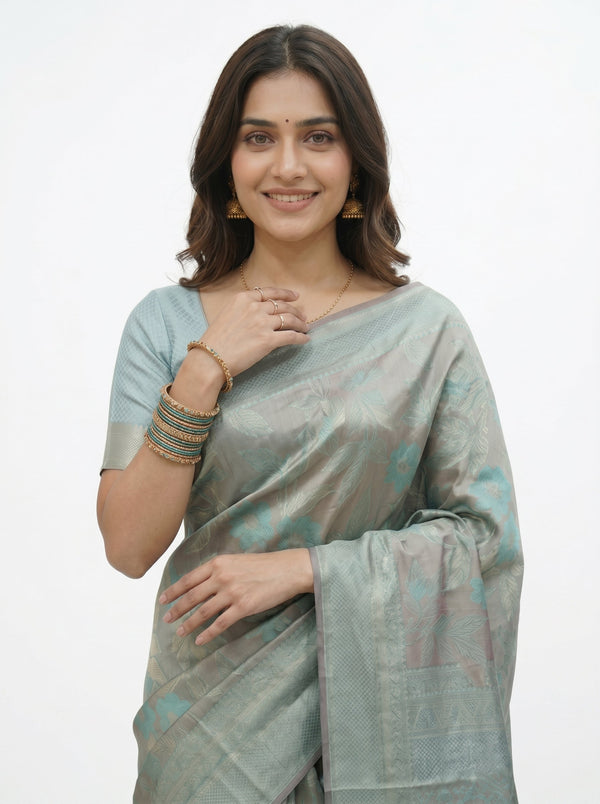 Semi Silk Sage Green Floral Woven Saree