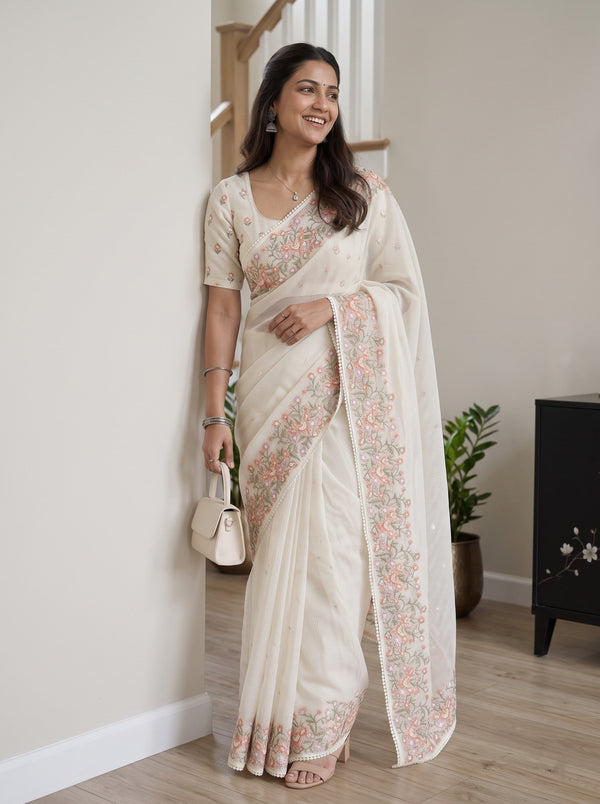 Net Kota Off White Saree with  Floral Embroidery Border