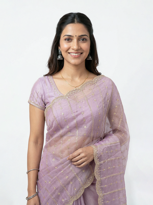 Shimmer Organza Lilac Purple Sequin Embroidered Saree with Scalloped Zari Border