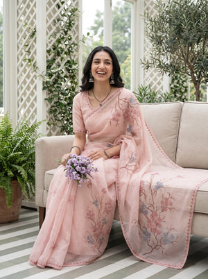 Organza Peach Saree with Cherry Blossom Branch Print