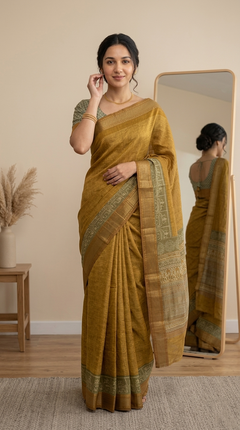 Woman wearing a mustard yellow saree with a mirror reflection in a room.