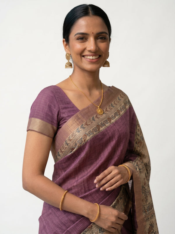 Semi Jute Dusty Mauve Printed Border Saree