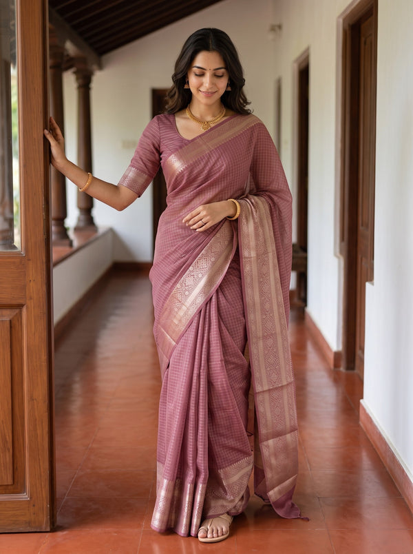 Semi Chanderi Mauve Pink Self Check Golden Zari Geometric Border Saree