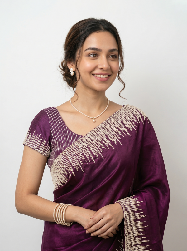 Organza Magenta Purple Sequin Embellished Ombre Border Saree