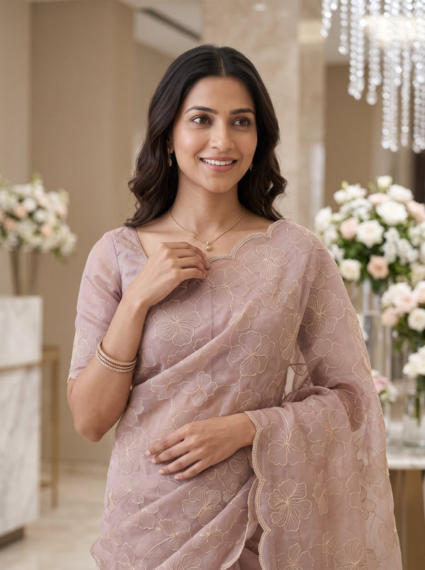 Tissue Silk Mauve Saree with All-Over Hibiscus Floral Embroidery