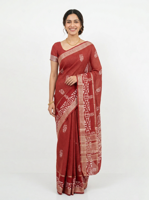 Cotton Silk Maroon Checkered Paisley Saree with Tribal Aztec Border