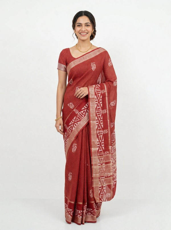 Cotton Silk Maroon Checkered Paisley Saree with Tribal Aztec Border