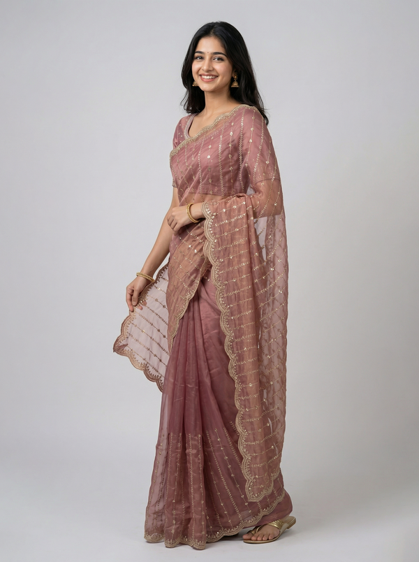 Shimmer Organza Dusty Rose Zari Threadwork Saree with Scalloped Border