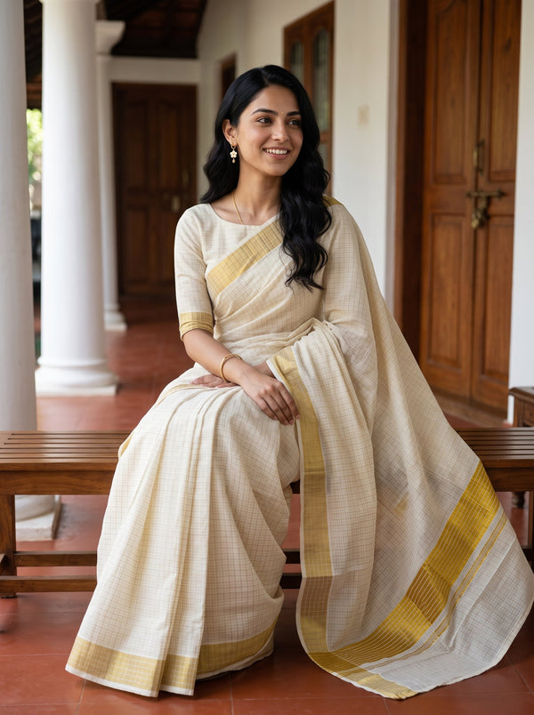 A woman wearing a cream-colored cotton saree with a yellow-gold border sits on a wooden bench in a traditional house corridor.