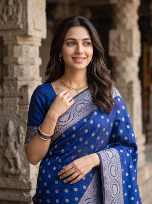 Banarasi Navy Blue Copper Zari Kalka Paisley Jaal Pallu Saree with Floral Butta