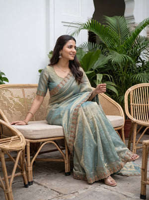 Chiffon Aqua Blue Plain Saree with Golden Beaded Border
