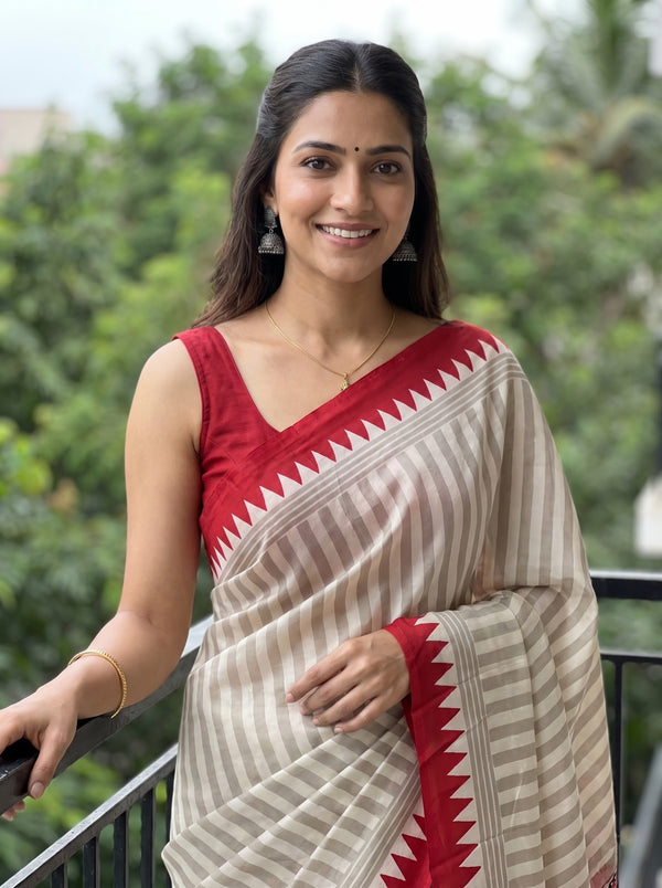 Synthetic Beige White Stripe Saree with Red Temple Border and Tribal Pallu