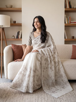 Net Kota Off-White Saree with Allover Bird Motif Design