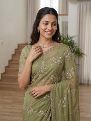 Chiffon Olive Green Sequin Floral Branch Saree