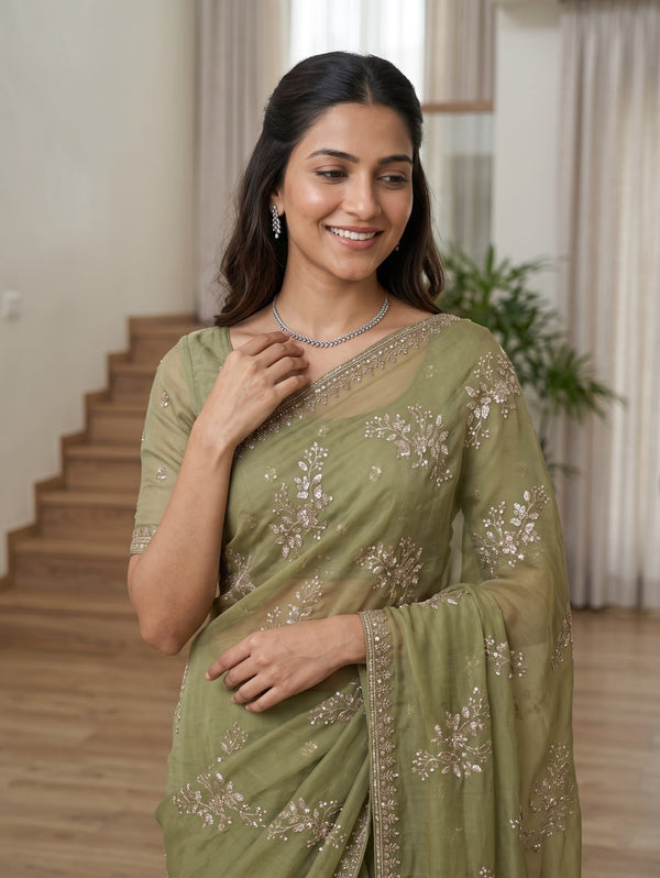 Chiffon Olive Green Sequin Floral Branch Saree