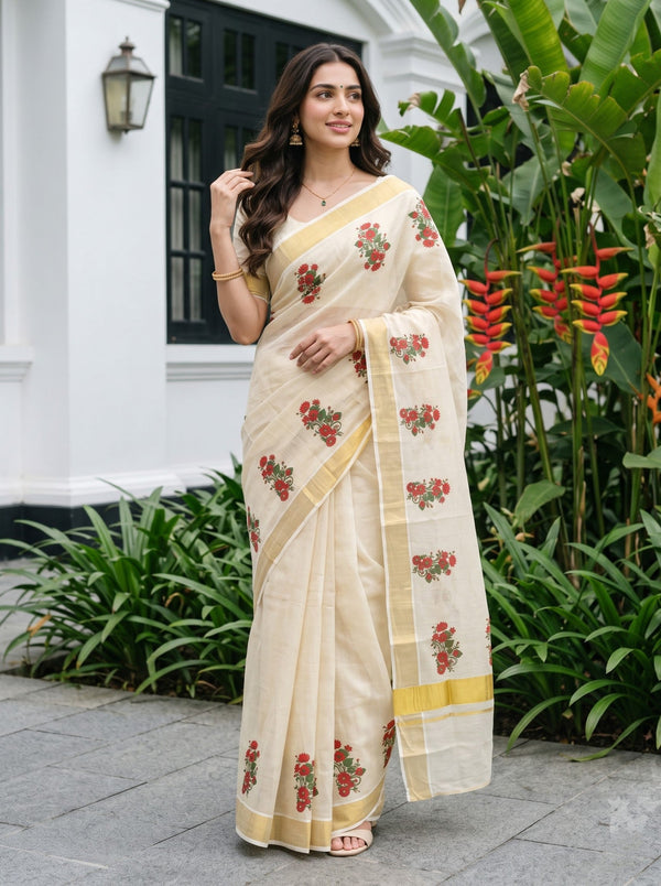 Tissue Cream Kerala Saree with Red Floral Print Pallu, Golden Zari Border