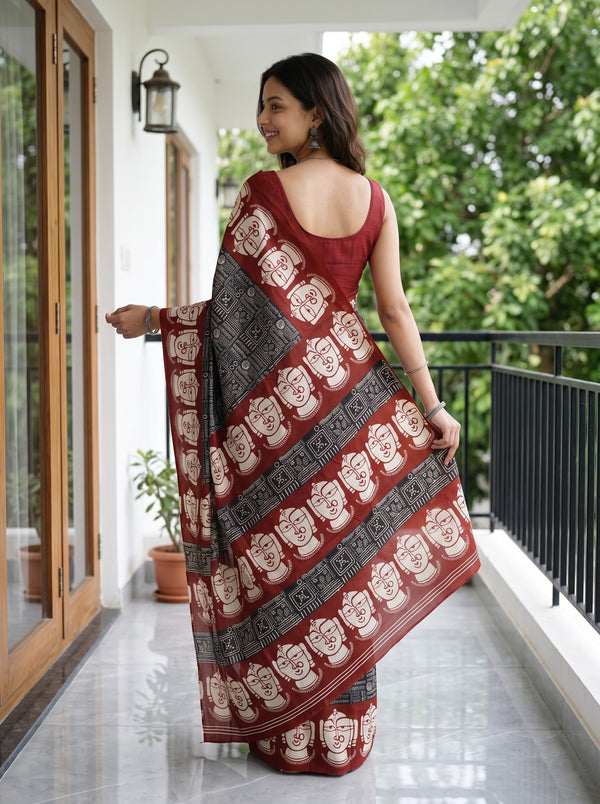 Synthetic Black Rust Red Script Print Jagannath Face Motif Saree