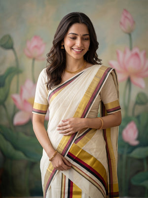 Cotton Cream Golden Maroon Contrast Border Onam Special Set Mundu