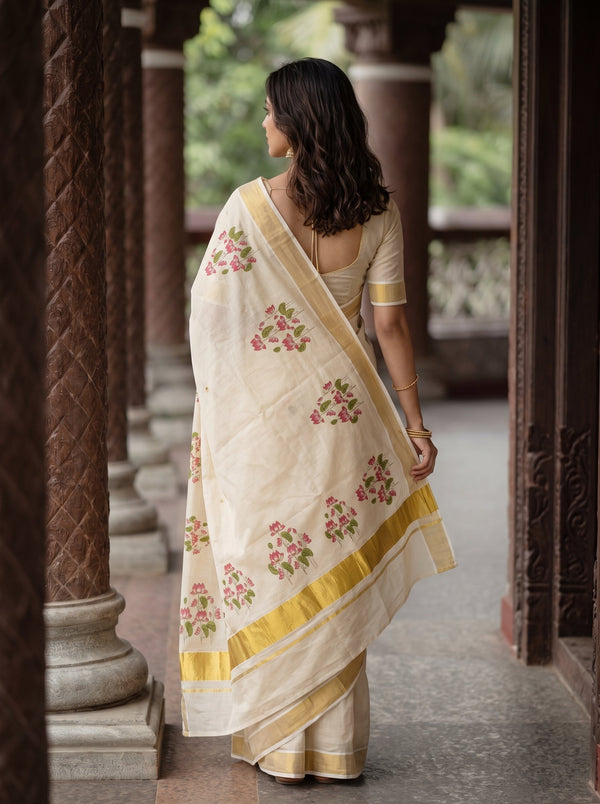 Tissue Cream Kerala Saree with Pink Lotus Print Pallu, Golden Zari Border