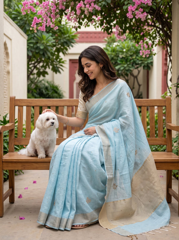 Linen Sky Blue Golden Zari Pallu Saree with Bead Work Leaf Butta, Knotted Tassels