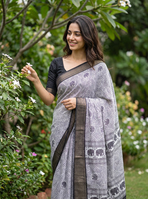 Polycotton White Black Elephant Procession Border Pallu Saree with Leaf Vine Block Print