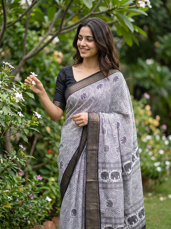 Polycotton White Black Elephant Procession Border Pallu Saree with Leaf Vine Block Print