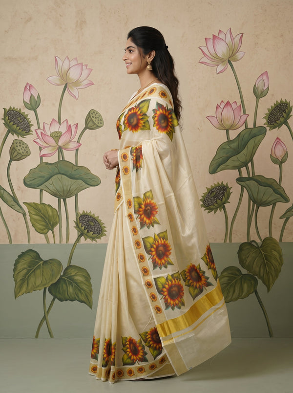 Tissue Cream Sunflower Motif  Onam Special Kerala Saree with Golden Border