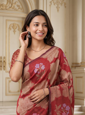 Semi Silk Red Floral Bouquet Medallion Print Saree with Tassels