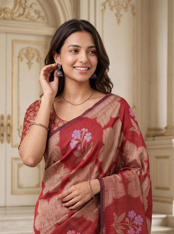 Semi Silk Red Floral Bouquet Medallion Print Saree with Tassels