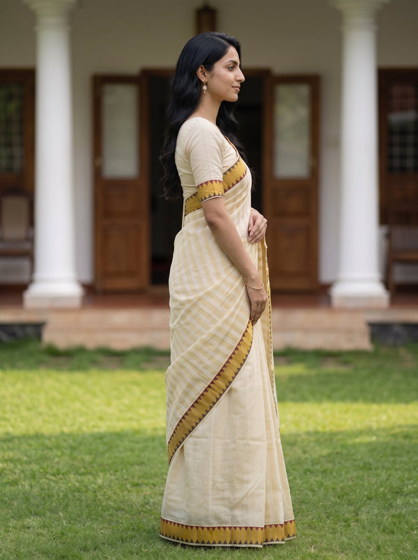 Tissue Cream Yellow Zigzag Temple Border Onam Kerala Saree