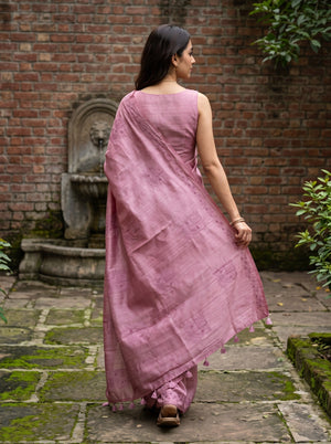 Semi Tussar Rose Pink Self Stripe Cutwork Embroidery Saree with Tassels