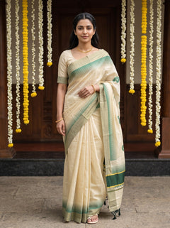 Tissue Cream Golden Green Peacock Motif with Gold Zari Border Onam Special Kerala Saree