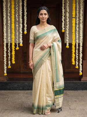 Tissue Cream Golden Green Peacock Motif with Gold Zari Border Onam Special Kerala Saree