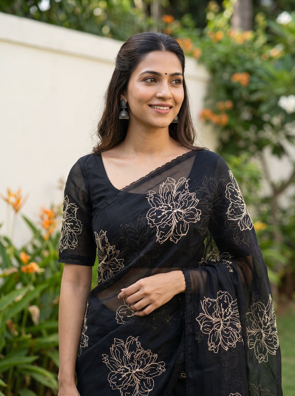 Organza Black Saree with Golden Floral Outline Embroidery