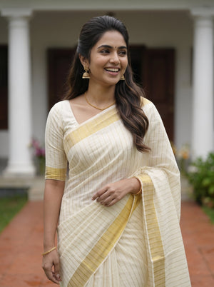 Cotton Cream Gold Pin Stripe Onam Special Kerala Saree