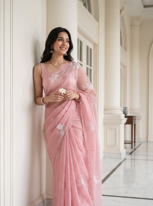 Organza Rose Pink Floral Applique Beaded Scalloped Border Saree