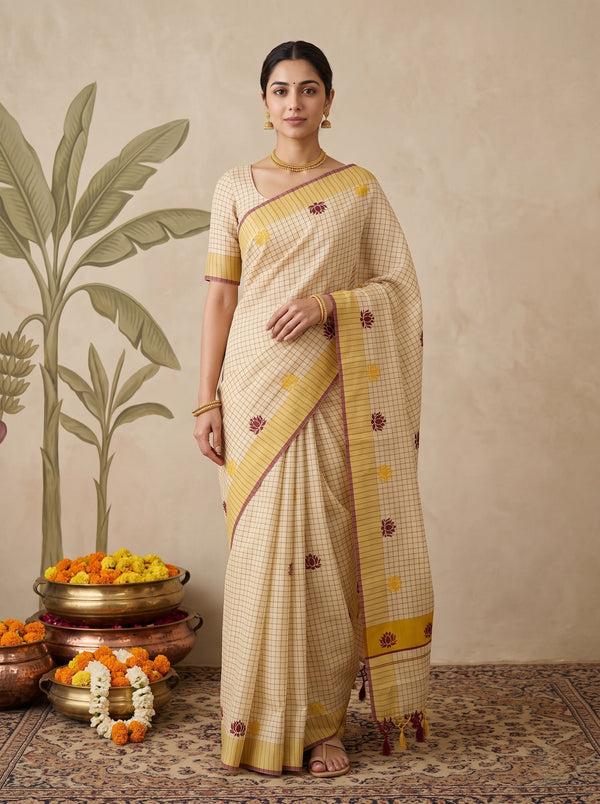 Tissue Cream Golden Checked With Multicolor Lotus Print Onam Special Kerala Saree
