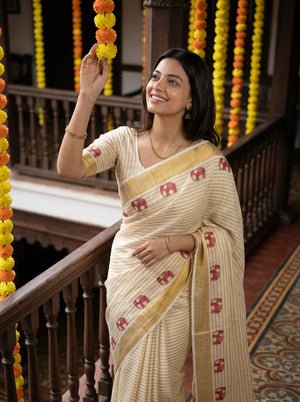 Cotton Cream Elephant Motif Pinstripe Golden Border Onam Festive Kerala Saree
