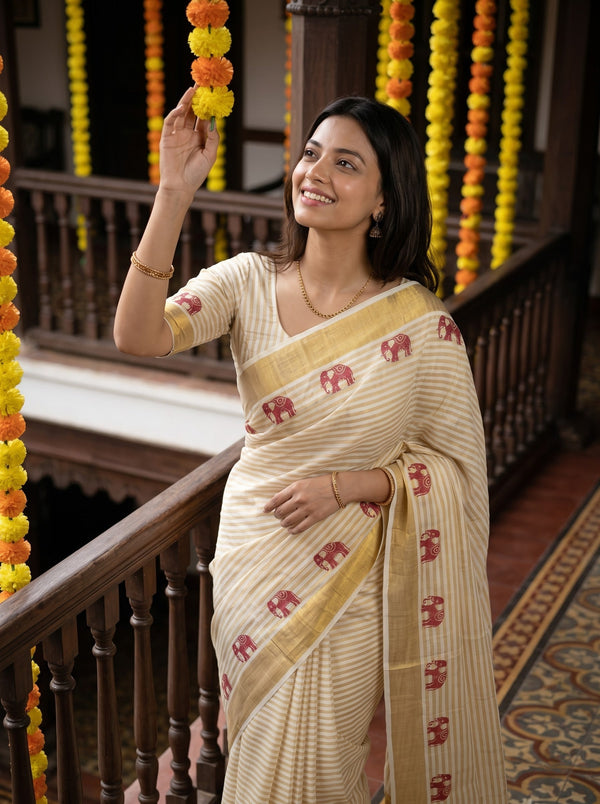 Cotton Cream Elephant Motif Pinstripe Golden Border Onam Festive Kerala Saree