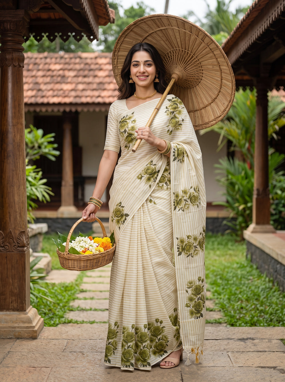Cotton Cream Green Rose Print Saree with Gold Pinstripe