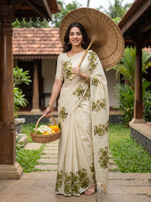 Cotton Cream Green Rose Print Saree with Gold Pinstripe
