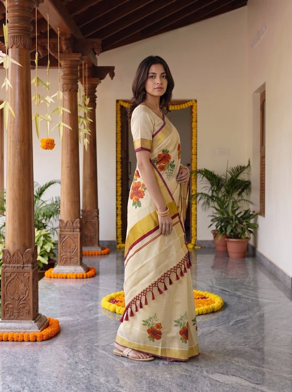 Tissue Cream Printed Onam Special Kerala Floral Saree with Golden Maroon Border