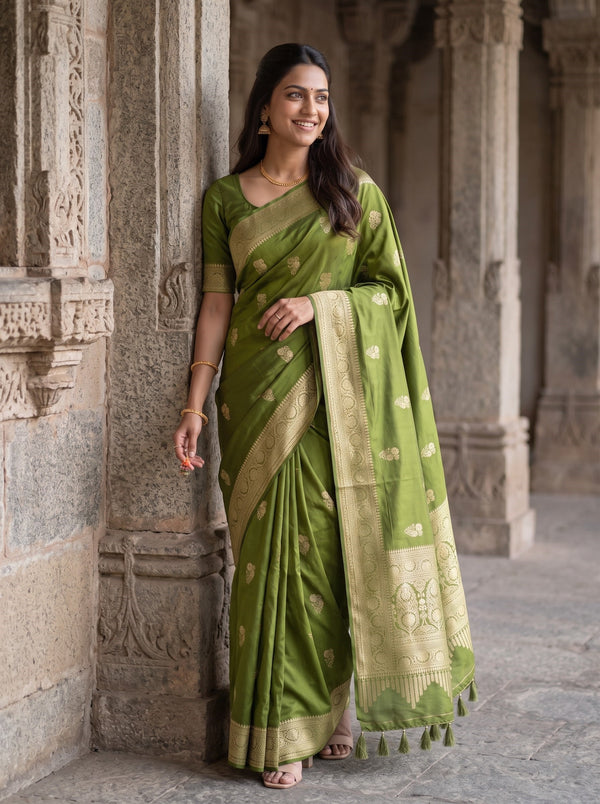 Banarasi Silk Olive Green Zari Floral Butta Scalloped Border Saree with Tassels