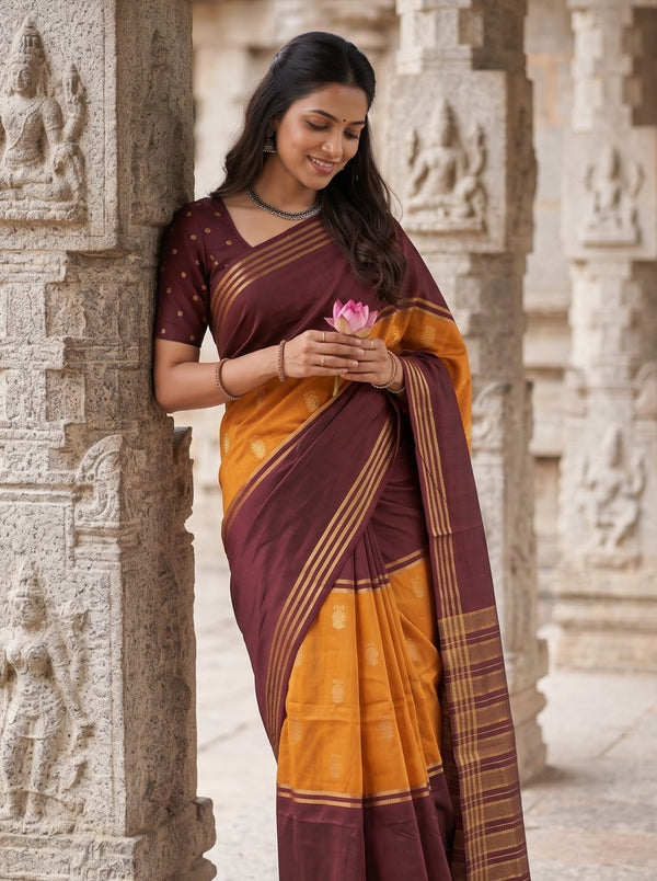 Semi Silk Maroon Saree with Golden Elephant Motif Orange Pallu