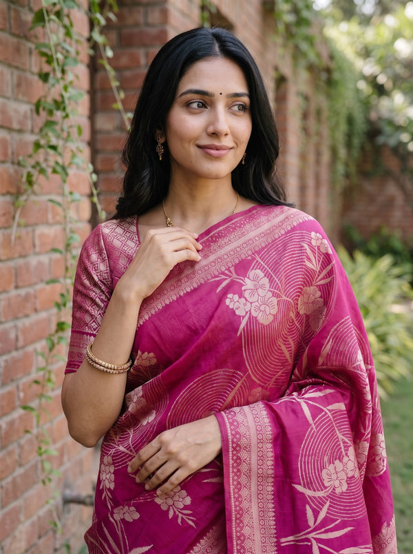 Organza Magenta Pink Zari Flower Branch Butta Broad Woven Border