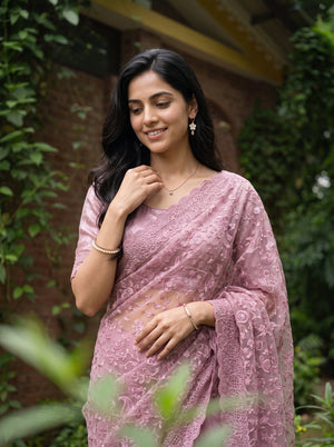 Net Kota Pink Floral Lace Embroidery Saree