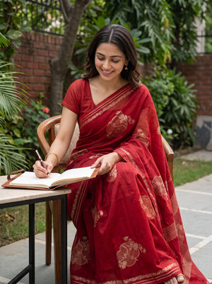 Organza Red Woven Flower Motif Zari Stripe Border Saree